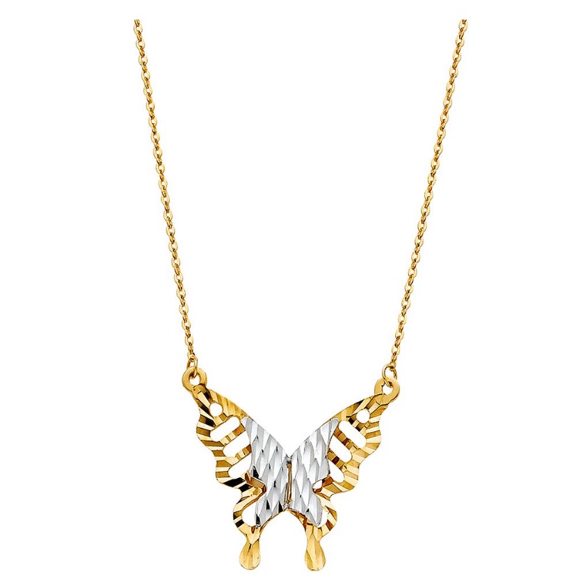 14k Solid Gold Two Tone Butterfly Necklace  Adjustable Length